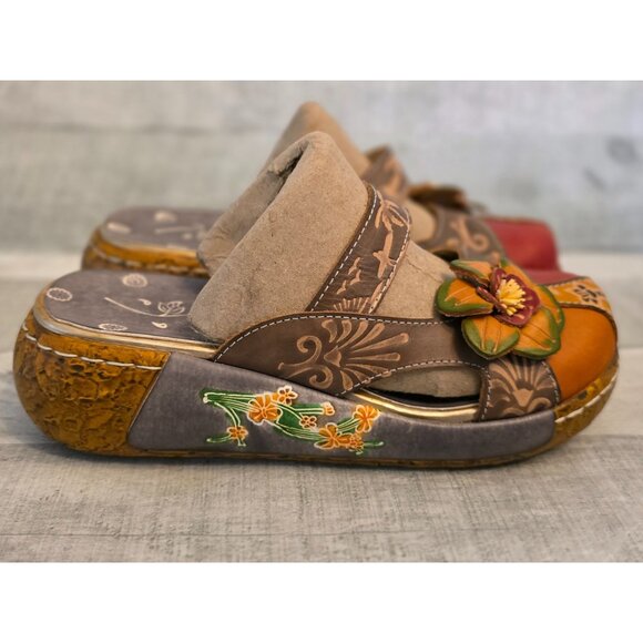Womens Socofy Boho Handcrafted Leather Floral Slip-On Clogs Size 37 Platform - Picture 2 of 7